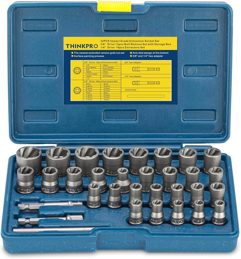 Thinkpro Bolt Extractor Kit, 32PCS Rounded Bolt Remover, Extractor Socket Set for Removing Damaged, Frozen, Rusted, Rounded-Off Bolts, Nuts & Screws - Image 1